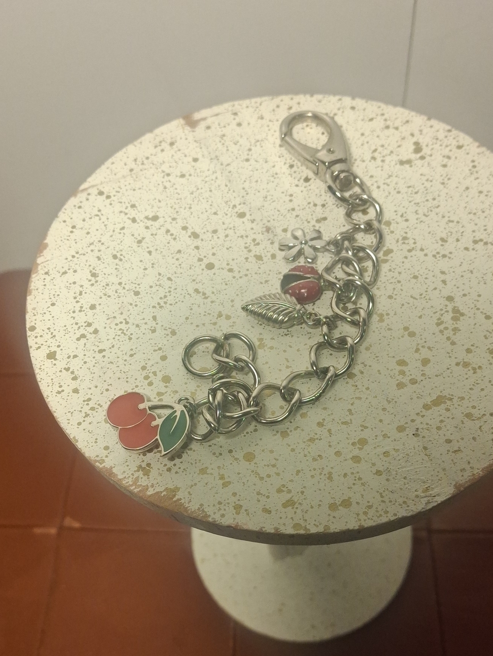 Silver Bracelet/Purse Charm with Red Cherry and Green Leaf Charms